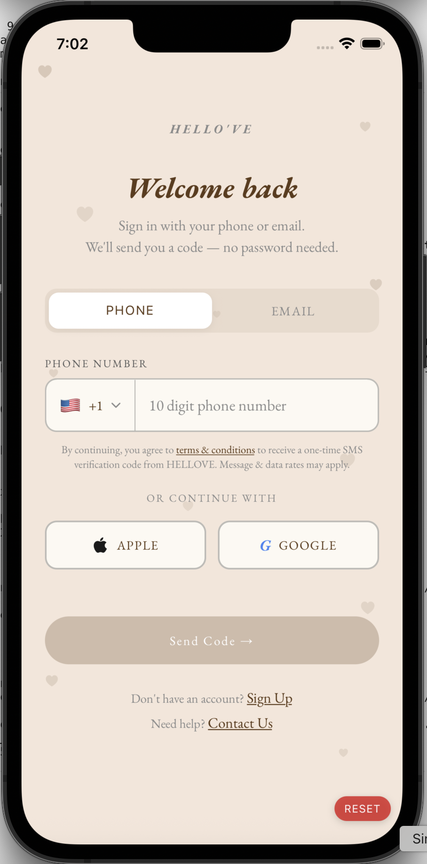 HELLOVE phone number entry screen showing SMS consent text under the phone field